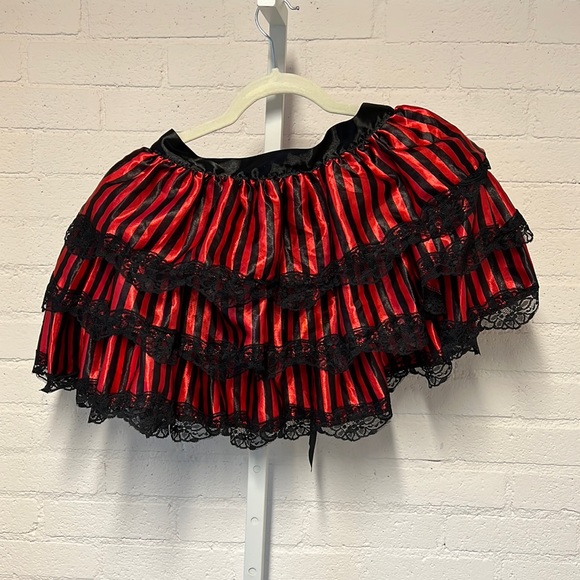 Lace Trimmed Satin Like Striped Bustle Skirt - Picture 2 of 14